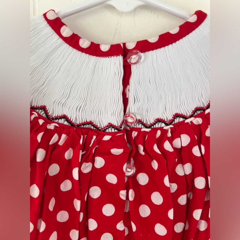 Pleats & Stitches Mouse Ears Smocked Romper Red Polka Dot Minnie Bubble 6 Months - Picture 11 of 15